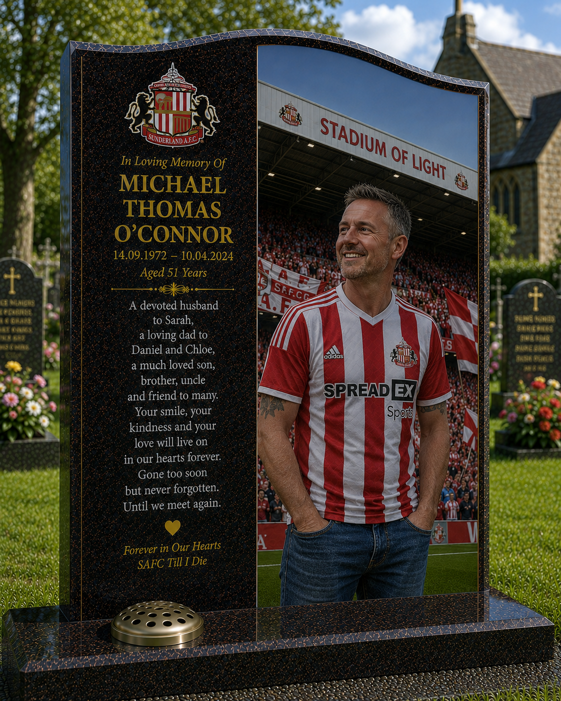 Sunderland Football Headstone Memorial Design 1, personalised memorial design by Magic Memorials, HD0591