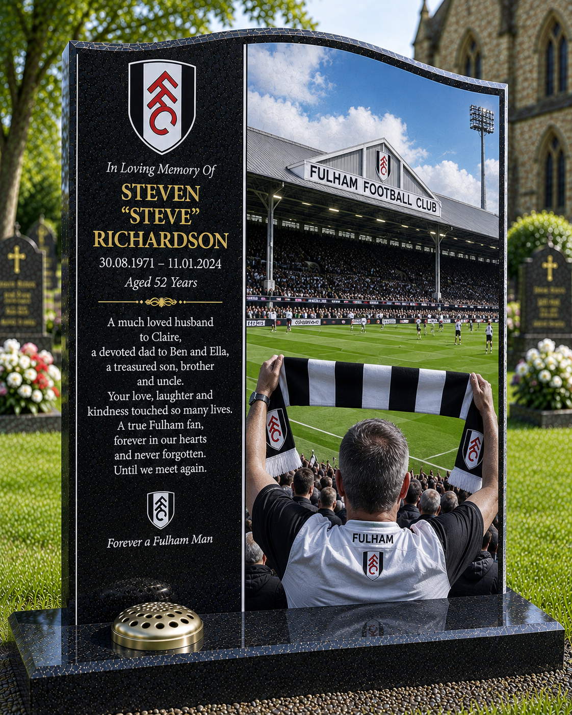 Fulham Football Headstone Memorial Design 2, personalised memorial design by Magic Memorials, HD0595