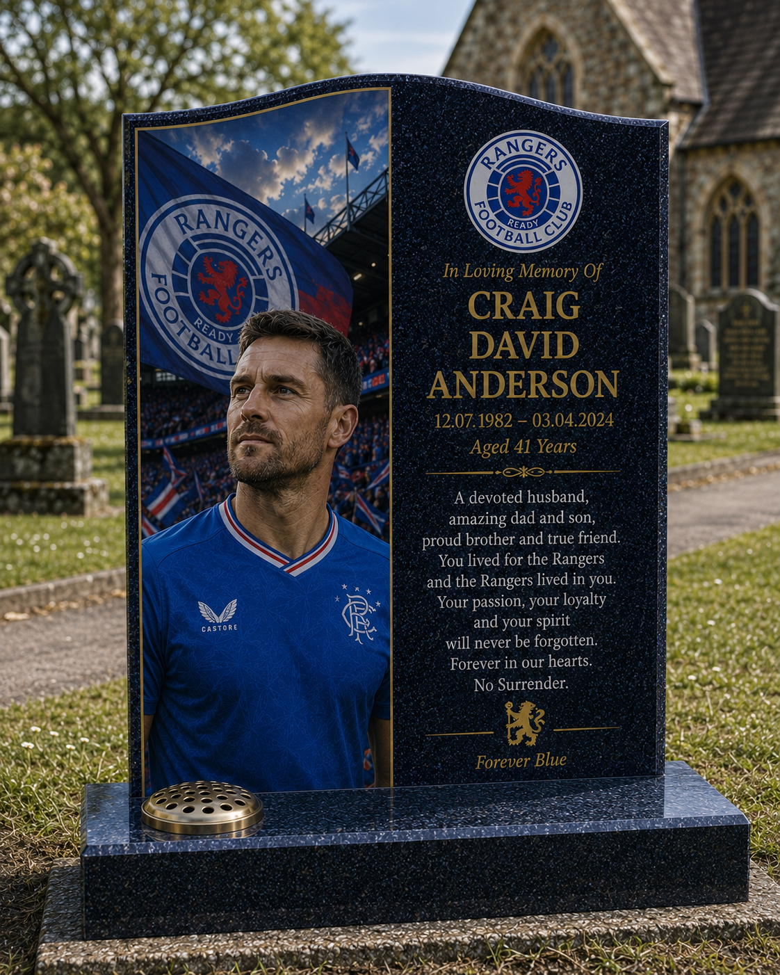 Glasgow Rangers Football Headstone Memorial Design 1, personalised memorial design by Magic Memorials, HD0596