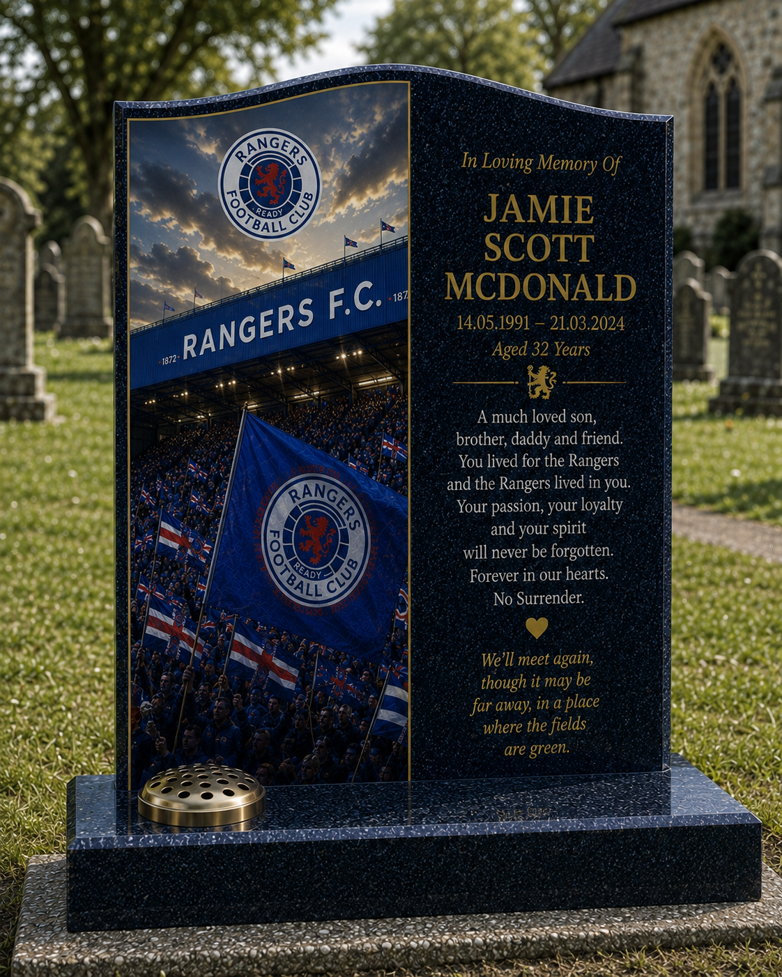 Glasgow Rangers Football Headstone Memorial Design 2, personalised memorial design by Magic Memorials, HD0597