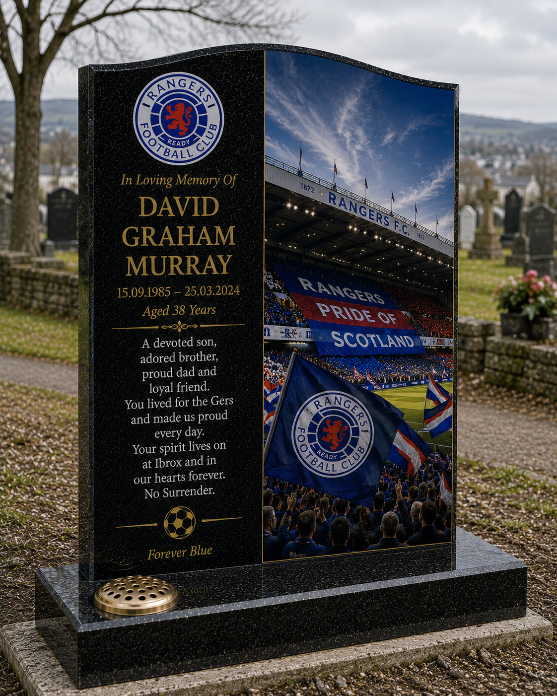 Glasgow Rangers Football Headstone Memorial Design 3, personalised memorial design by Magic Memorials, HD0598