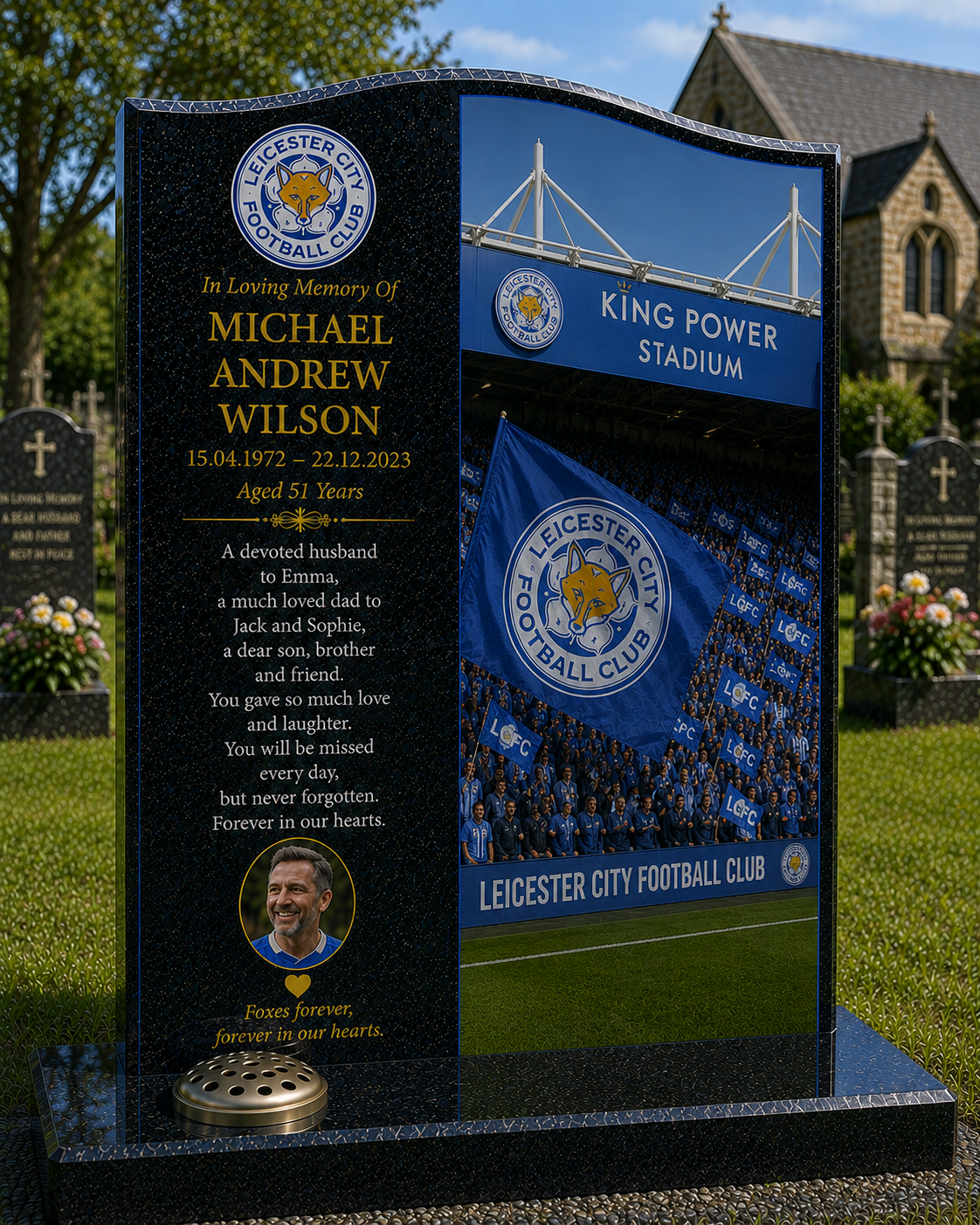 Leicester City Football Headstone Memorial Design 2, personalised memorial design by Magic Memorials, HD0599