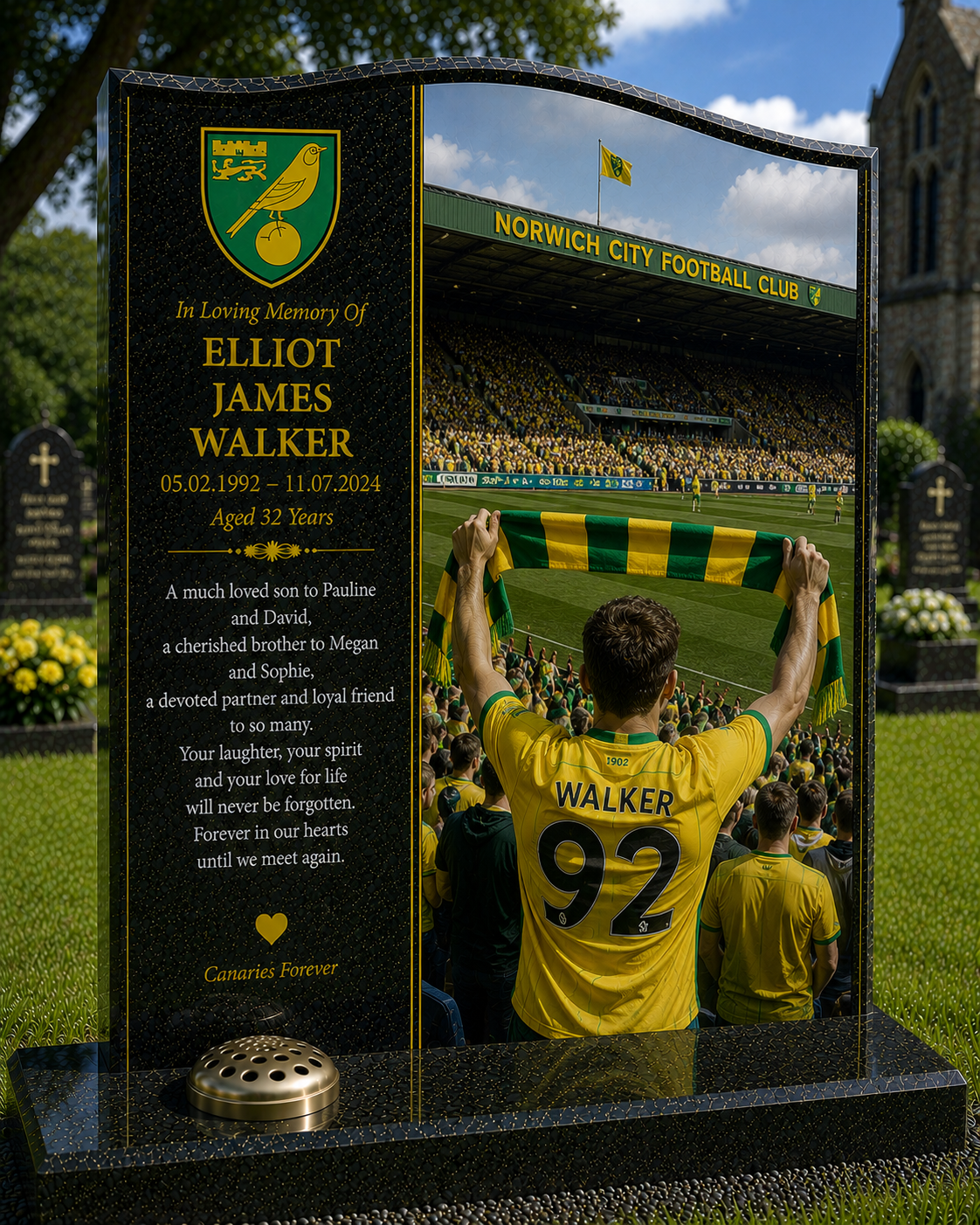 Norwich City Football Headstone Memorial Design 2, personalised memorial design by Magic Memorials, HD0602