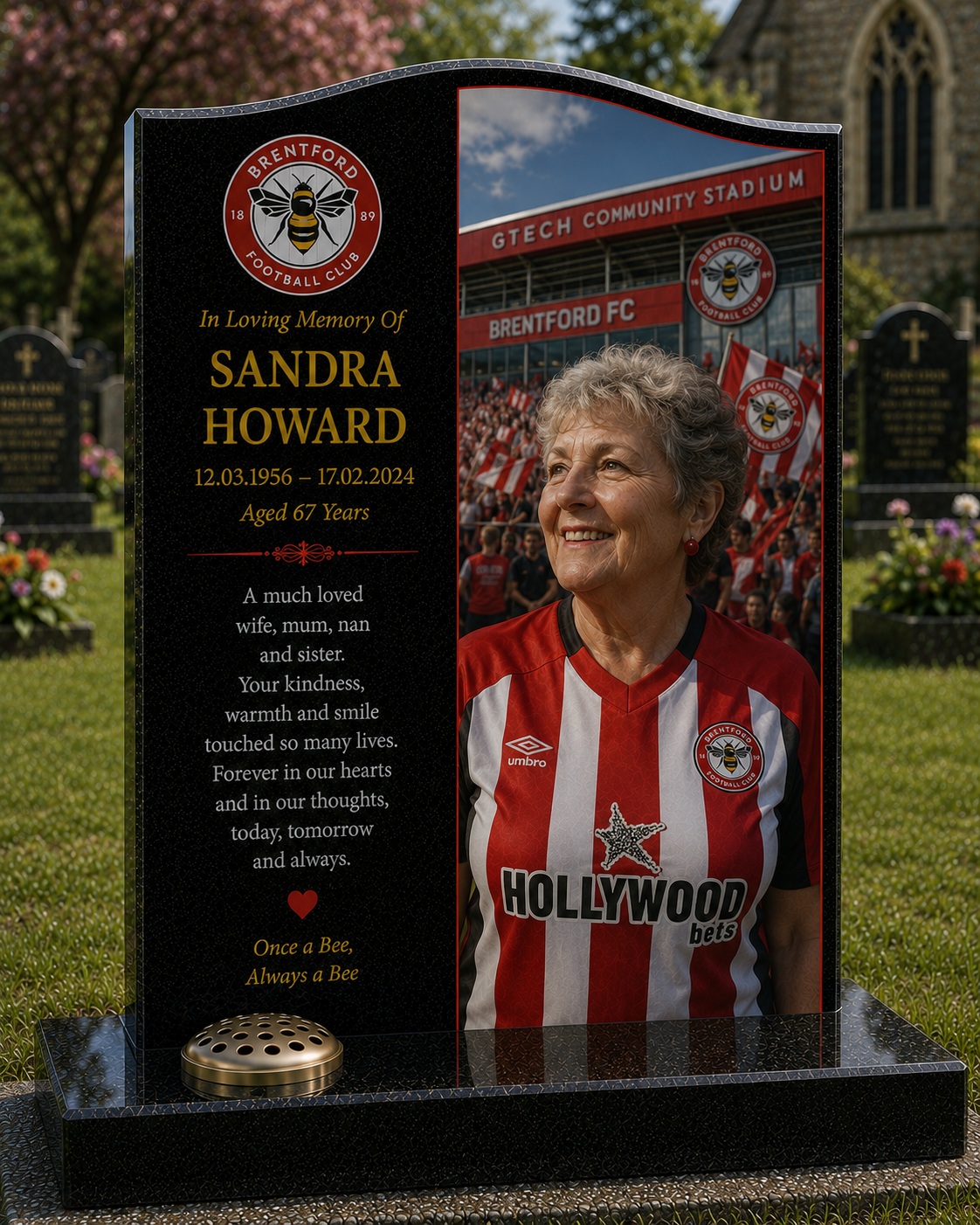 Brentford Football Headstone Memorial Design 1, personalised memorial design by Magic Memorials, HD0609
