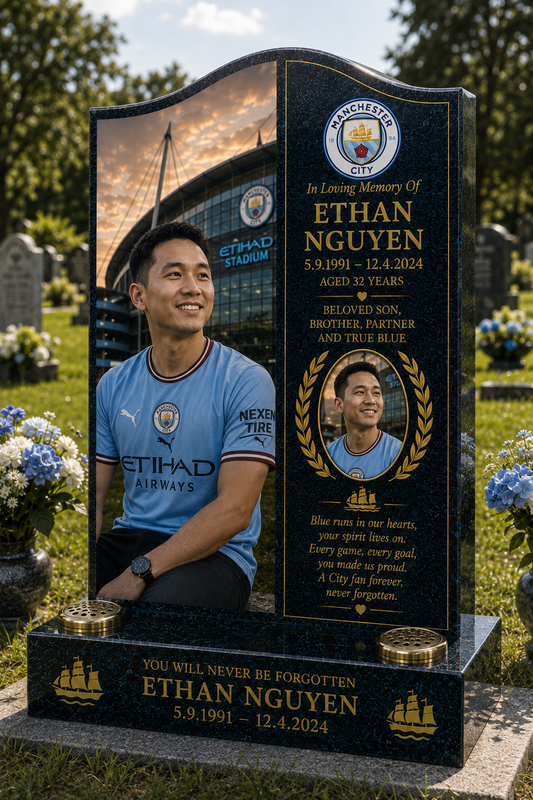 Manchester City Football Headstone Memorial Design 1, personalised memorial design by Magic Memorials, HD0612
