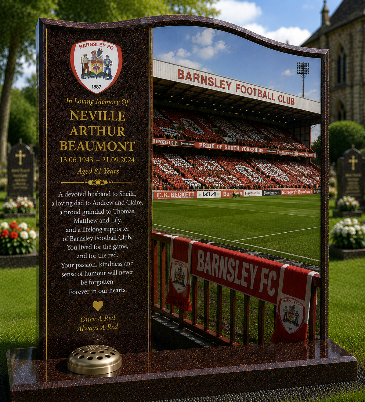 Barnsley Football Headstone Memorial Design 2, personalised memorial design by Magic Memorials, HD0614