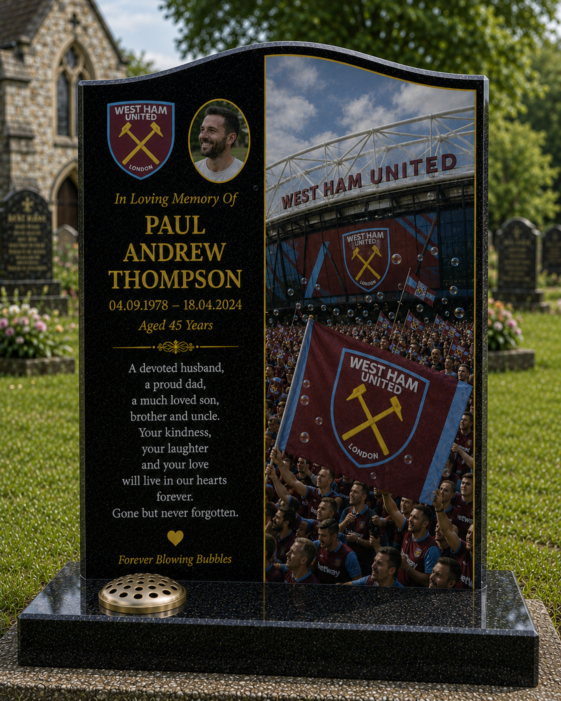West Ham United Football Headstone Memorial Design 2, personalised memorial design by Magic Memorials, HD0625
