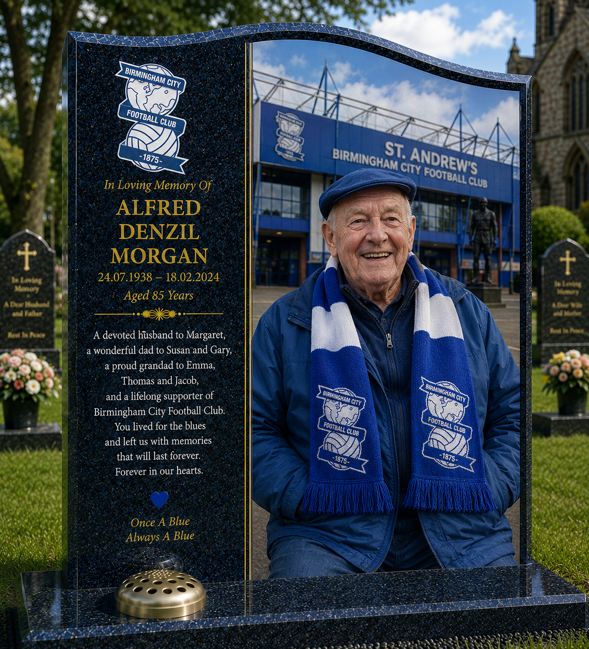 Birmingham City Football Headstone Memorial Design 1, personalised memorial design by Magic Memorials, HD0631
