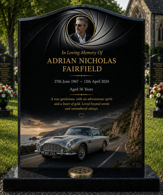 Aston Martin Memorial Headstones Design 1, personalised memorial design by Magic Memorials, HD0690