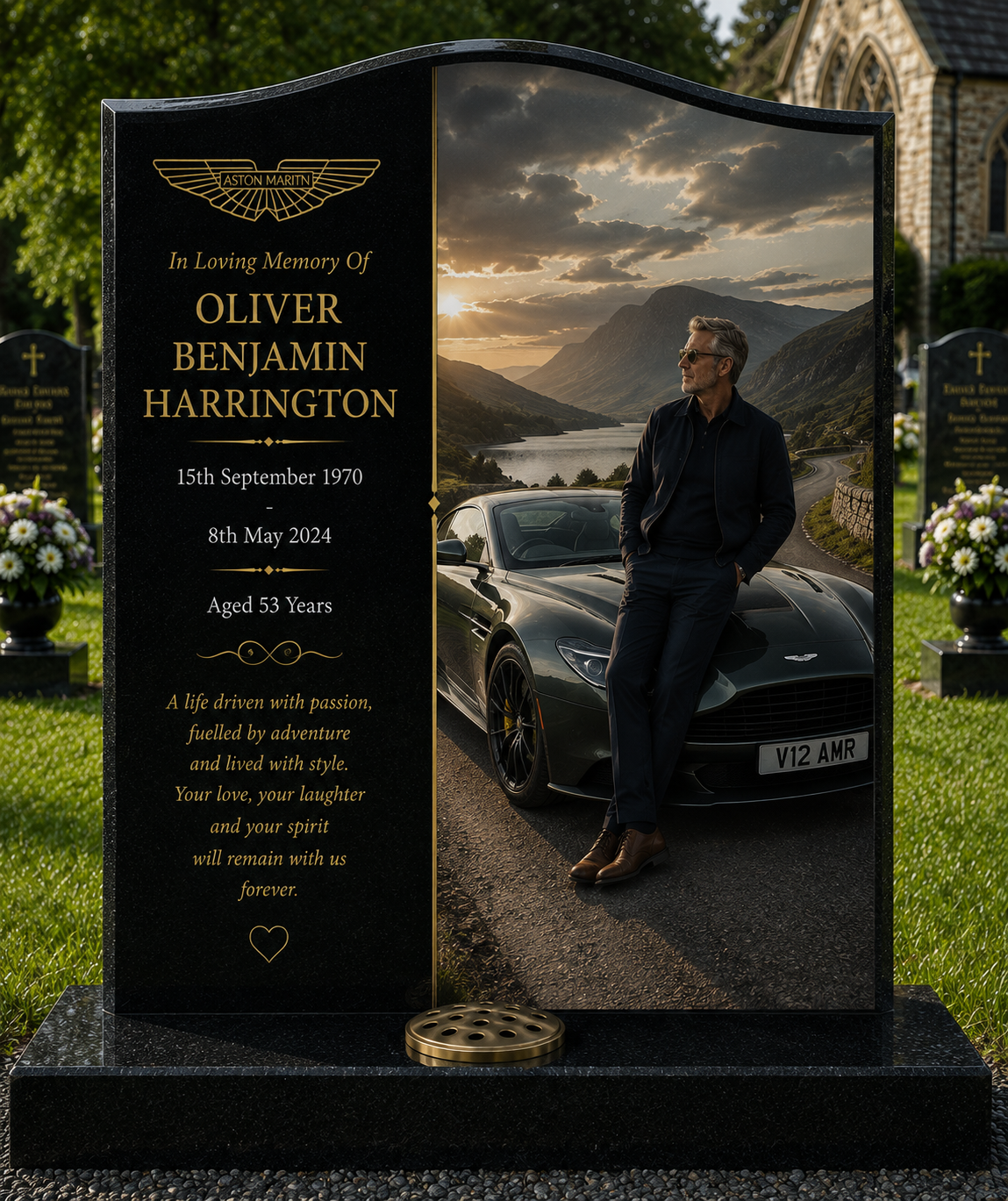 Aston Martin Memorial Headstones Design 2, personalised memorial design by Magic Memorials, HD0691