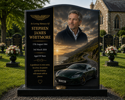Aston Martin Memorial Headstones Design 3, personalised memorial design by Magic Memorials, HD0692