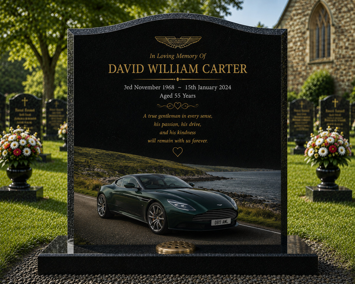 Aston Martin Memorial Headstones Design 4, personalised memorial design by Magic Memorials, HD0693