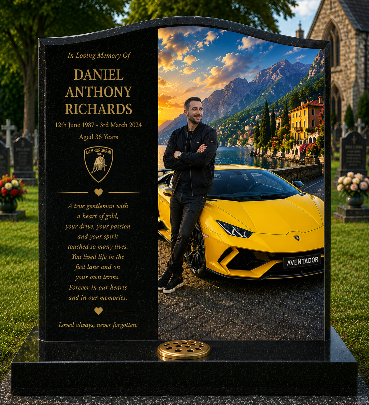 Lamborghini Memorial Headstones Design 3, personalised memorial design by Magic Memorials, HD0708