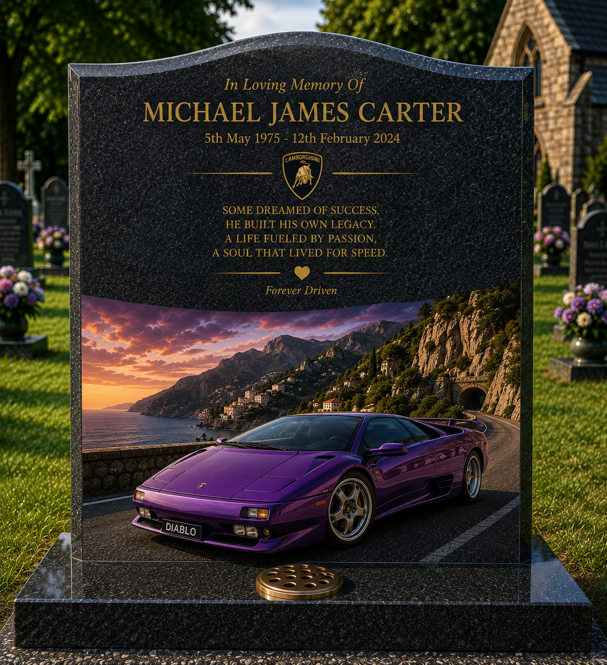 Lamborghini Memorial Headstones Design 4, personalised memorial design by Magic Memorials, HD0709