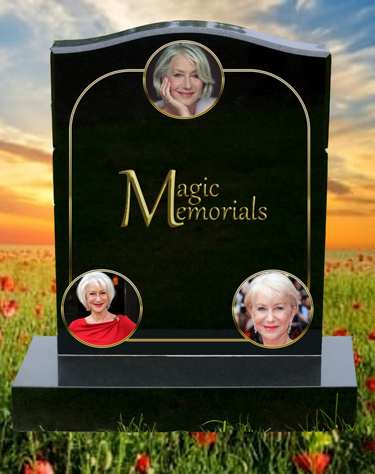 Portrait-based memorial headstone crafted from premium granite, featuring a high-resolution engraved portrait and personalised inscription. A timeless tribute that captures the essence of a loved one