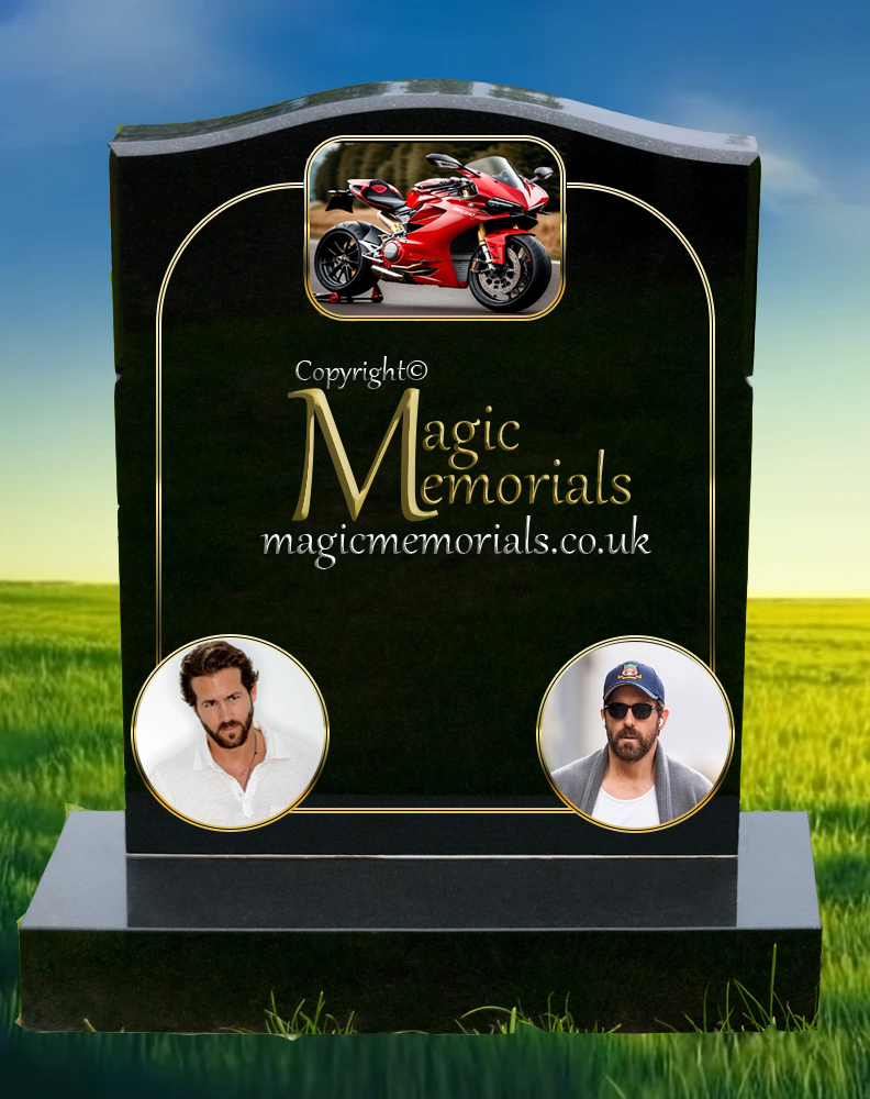 Portrait-based memorial headstone crafted from premium granite, featuring a high-resolution engraved portrait and personalised inscription. A timeless tribute that captures the essence of a loved one