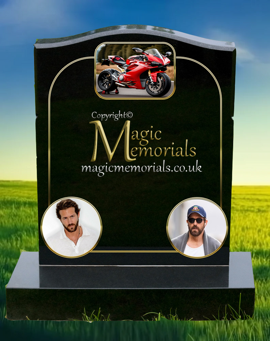 Portrait-based memorial headstone crafted from premium granite, featuring a high-resolution engraved portrait and personalised inscription. A timeless tribute that captures the essence of a loved one