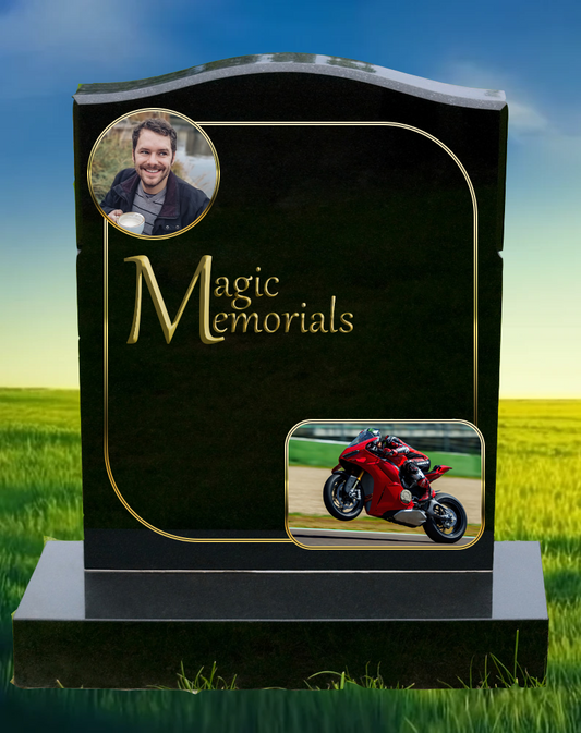 Portrait-based memorial headstone crafted from premium granite, featuring a high-resolution engraved portrait and personalised inscription. A timeless tribute that captures the essence of a loved one