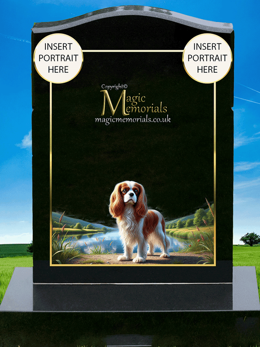 Cavalier King Charles Spaniel Lover Memorial Headstone crafted from premium granite, featuring high-resolution breed imagery and a personalised inscription. A timeless tribute for dog lovers and Cavalier owners