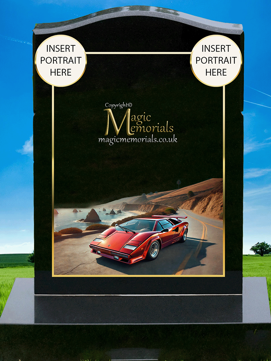 Lamborghini Enthusiast Memorial Headstone crafted from premium granite, featuring a beautifully engraved Lamborghini-inspired design. A lasting tribute for supercar lovers and motorsport enthusiasts, fully customisable with inscriptions and artwork.