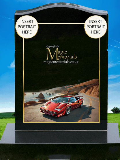 Lamborghini Enthusiast Memorial Headstone crafted from premium granite, featuring a beautifully engraved Lamborghini-inspired design. A lasting tribute for supercar lovers and motorsport enthusiasts, fully customisable with inscriptions and artwork.