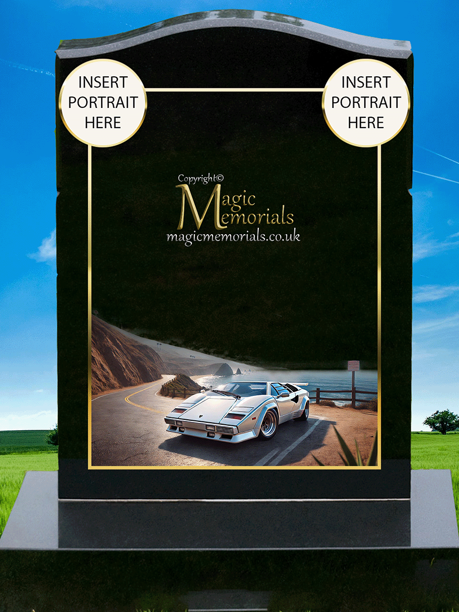 Lamborghini Enthusiast Memorial Headstone crafted from premium granite, featuring a beautifully engraved Lamborghini-inspired design. A lasting tribute for supercar lovers and motorsport enthusiasts, fully customisable with inscriptions and artwork.