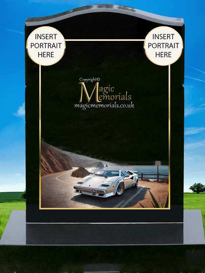 Lamborghini Enthusiast Memorial Headstone crafted from premium granite, featuring a beautifully engraved Lamborghini-inspired design. A lasting tribute for supercar lovers and motorsport enthusiasts, fully customisable with inscriptions and artwork.