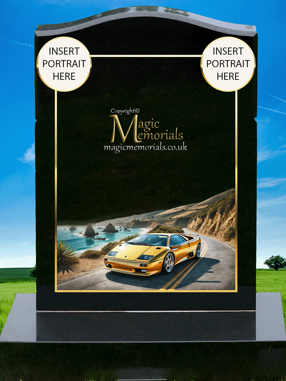 Lamborghini Enthusiast Memorial Headstone crafted from premium granite, featuring a beautifully engraved Lamborghini-inspired design. A lasting tribute for supercar lovers and motorsport enthusiasts, fully customisable with inscriptions and artwork.