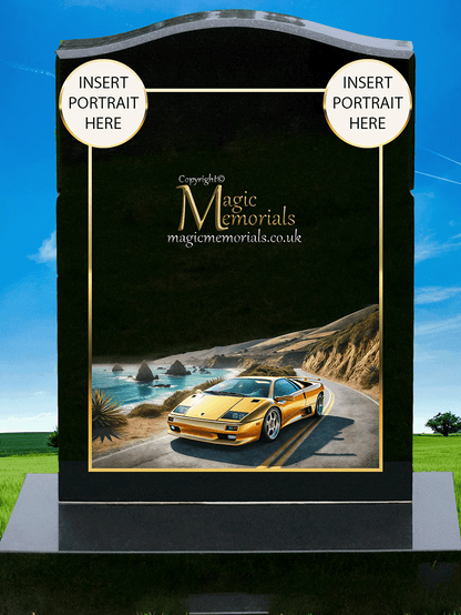 Lamborghini Enthusiast Memorial Headstone crafted from premium granite, featuring a beautifully engraved Lamborghini-inspired design. A lasting tribute for supercar lovers and motorsport enthusiasts, fully customisable with inscriptions and artwork.