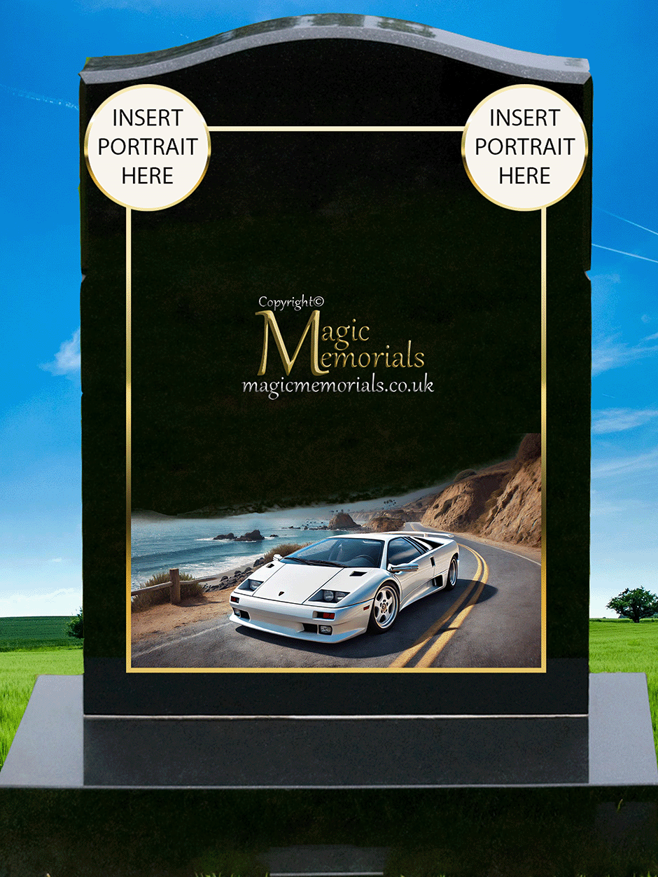Lamborghini Enthusiast Memorial Headstone crafted from premium granite, featuring a beautifully engraved Lamborghini-inspired design. A lasting tribute for supercar lovers and motorsport enthusiasts, fully customisable with inscriptions and artwork.