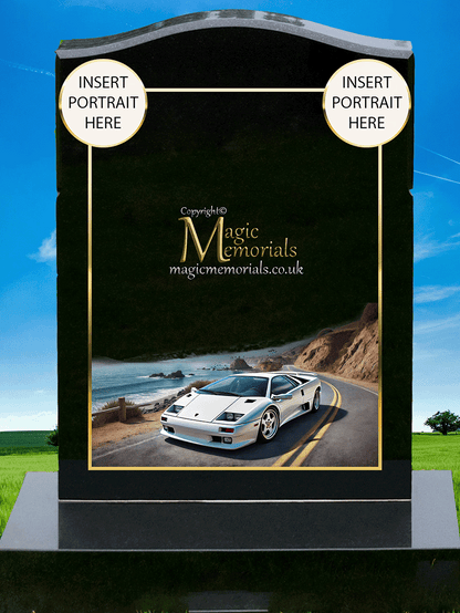 Lamborghini Enthusiast Memorial Headstone crafted from premium granite, featuring a beautifully engraved Lamborghini-inspired design. A lasting tribute for supercar lovers and motorsport enthusiasts, fully customisable with inscriptions and artwork.
