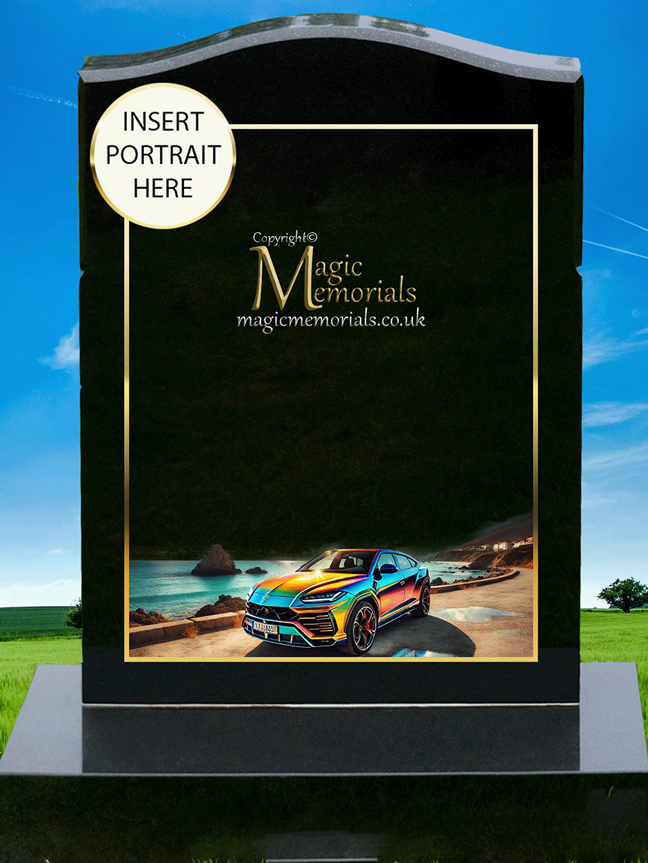 Lamborghini Enthusiast Memorial Headstone crafted from premium granite, featuring a beautifully engraved Lamborghini-inspired design. A lasting tribute for supercar lovers and motorsport enthusiasts, fully customisable with inscriptions and artwork.