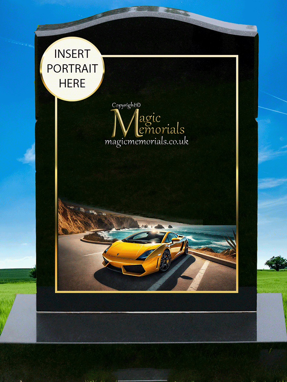 Lamborghini Enthusiast Memorial Headstone crafted from premium granite, featuring a beautifully engraved Lamborghini-inspired design. A lasting tribute for supercar lovers and motorsport enthusiasts, fully customisable with inscriptions and artwork.