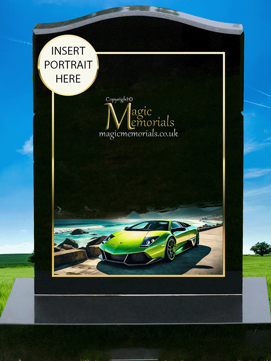 Lamborghini Enthusiast Memorial Headstone crafted from premium granite, featuring a beautifully engraved Lamborghini-inspired design. A lasting tribute for supercar lovers and motorsport enthusiasts, fully customisable with inscriptions and artwork.