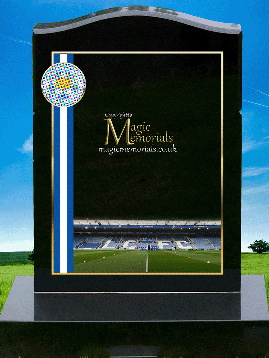Leicester City Supporter Memorial Headstone crafted from premium granite, featuring high-resolution images and a personalised inscription. A meaningful tribute for devoted Foxes fans, fully customisable with names, dates, and heartfelt messages.