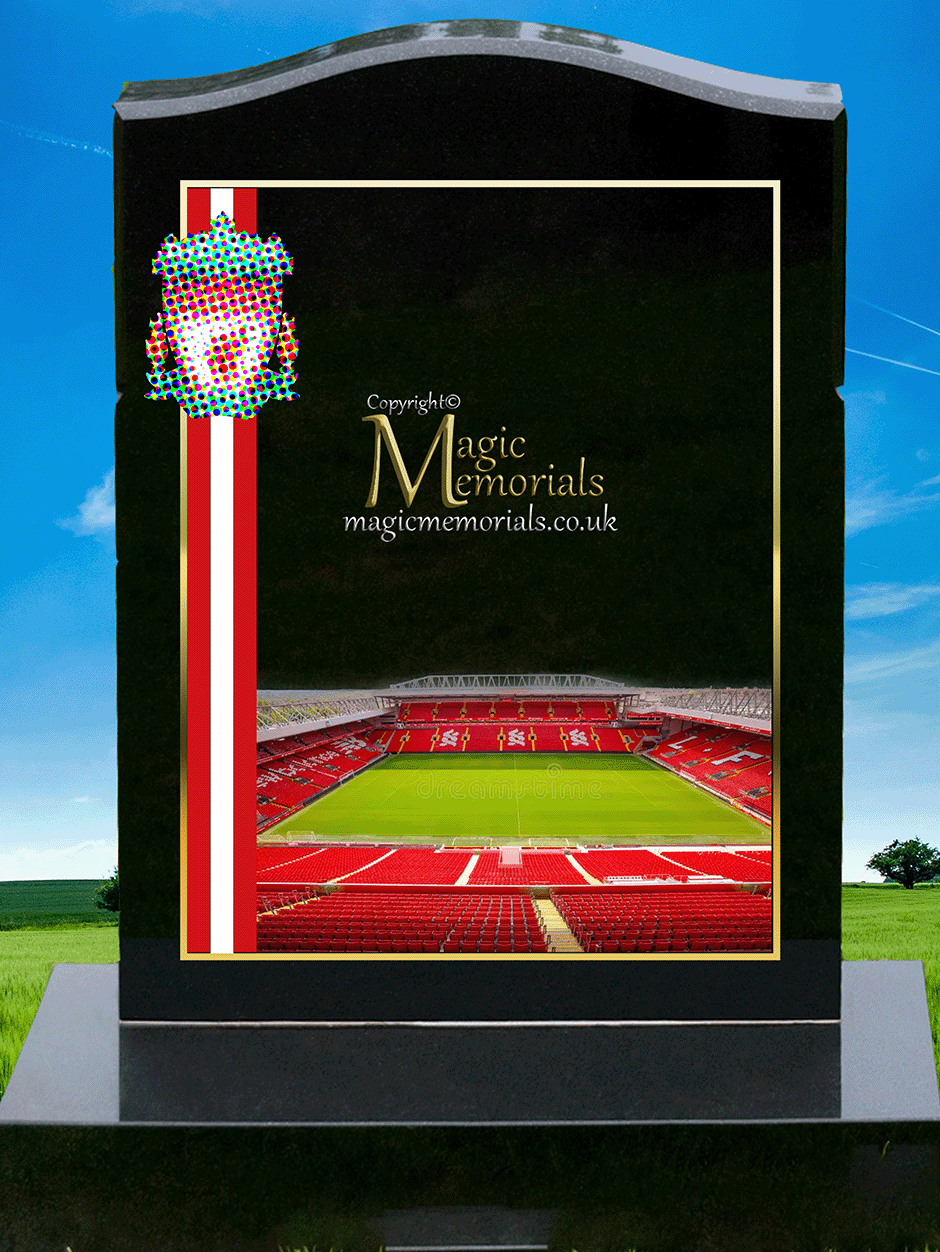 Liverpool FC Supporter Memorial Headstone crafted from premium granite, featuring high-resolution images and a personalised inscription. A meaningful tribute for devoted Reds fans, fully customisable with names, dates, and heartfelt messages.