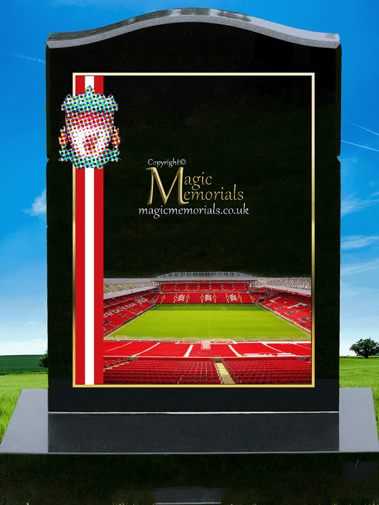 Liverpool FC Supporter Memorial Headstone crafted from premium granite, featuring high-resolution images and a personalised inscription. A meaningful tribute for devoted Reds fans, fully customisable with names, dates, and heartfelt messages.