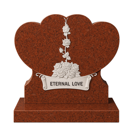 Amoria Double Heart Headstone with Carved Roses, granite memorial by Magic Memorials, MM101