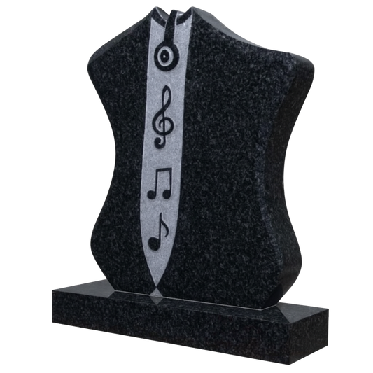 Celestia Music Headstone with Carved Notes & Headphones, granite memorial by Magic Memorials, MM027