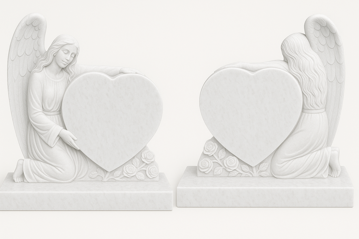 Embrasia Angel & Heart Headstone, granite memorial by Magic Memorials, MM072