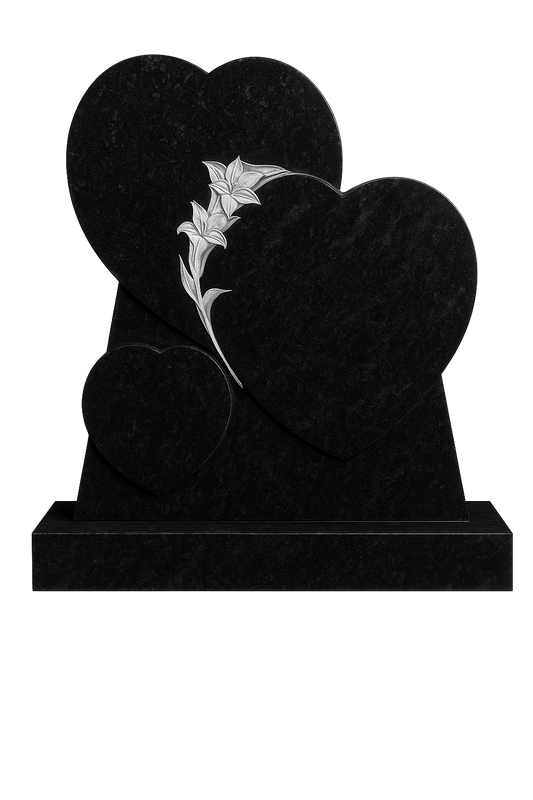 Narcissa Triple Heart Headstone with Carved Daffodil, granite memorial by Magic Memorials, MM103