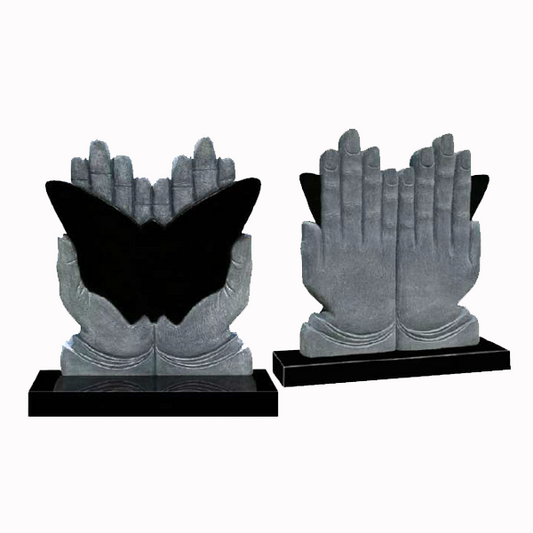 Papilora Carved Hands & Butterfly Headstone, granite memorial by Magic Memorials, MM073