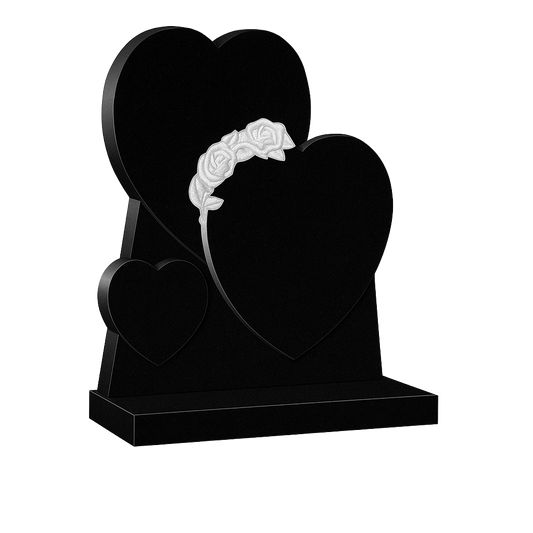 Rosalaura Triple Heart Headstone with Carved Roses, granite memorial by Magic Memorials, MM088