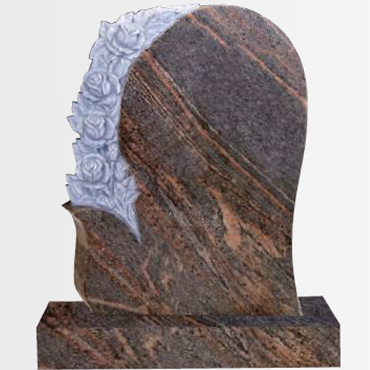 Rosavere Shaped Headstone with Carved Roses, granite memorial by Magic Memorials, MM064
