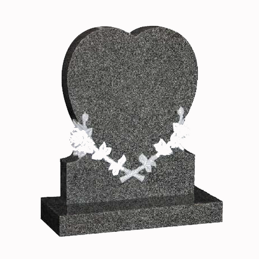 Rosavine Heart Headstone with Carved Roses & Vine, granite memorial by Magic Memorials, MM090