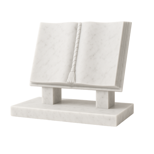 Scriptura Stepped Book Headstone with Cord & Tassel, granite memorial by Magic Memorials, MM077