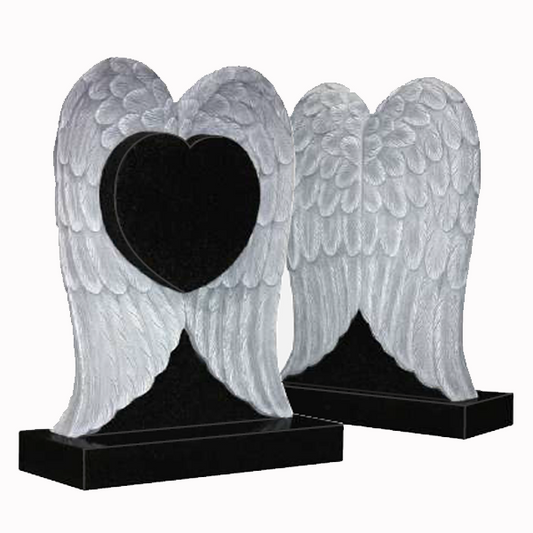 Seraphia Wings Carved Angel Wings & Heart Headstone, granite memorial by Magic Memorials, MM095