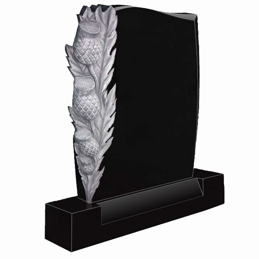 Thistledown Barrel Side Headstone with Carved Thistles, granite memorial by Magic Memorials, MM061
