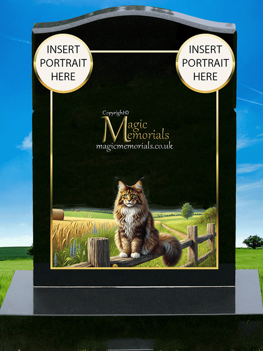 Maine Coon Cat Lover Memorial Headstone crafted from premium granite, featuring high-resolution Maine Coon imagery and personalised inscription. A majestic tribute to a beloved long-haired feline companion.