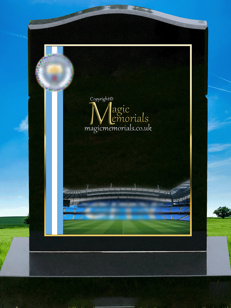 Manchester City Supporter Memorial Headstone crafted from premium granite, featuring high-resolution images and a personalised inscription. A meaningful tribute for devoted Sky Blues fans, fully customisable with names, dates, and heartfelt messages.